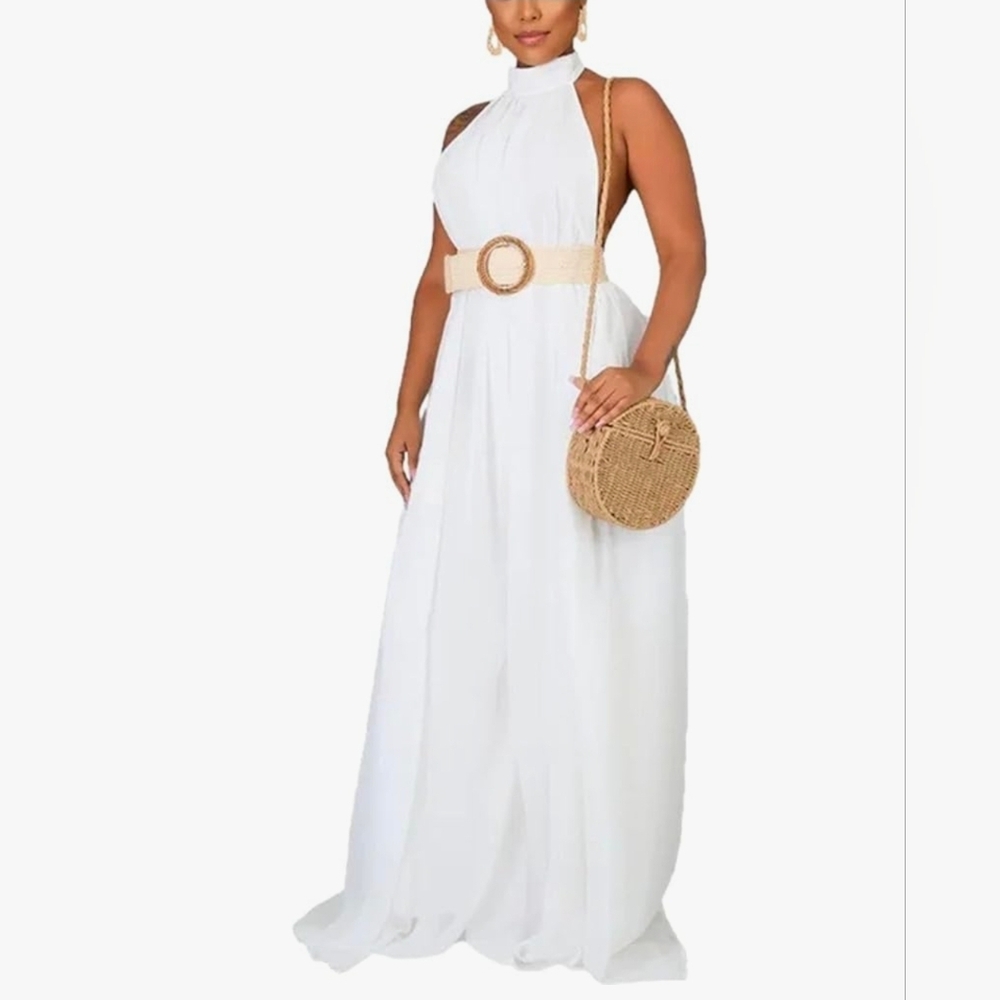 White Halter Neck Wide Leg Jumpsuit